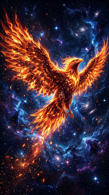 Abstract Digital Illustration of a Fire Phoenix with Expansive Wings in Space - Free mobile Wallpaper