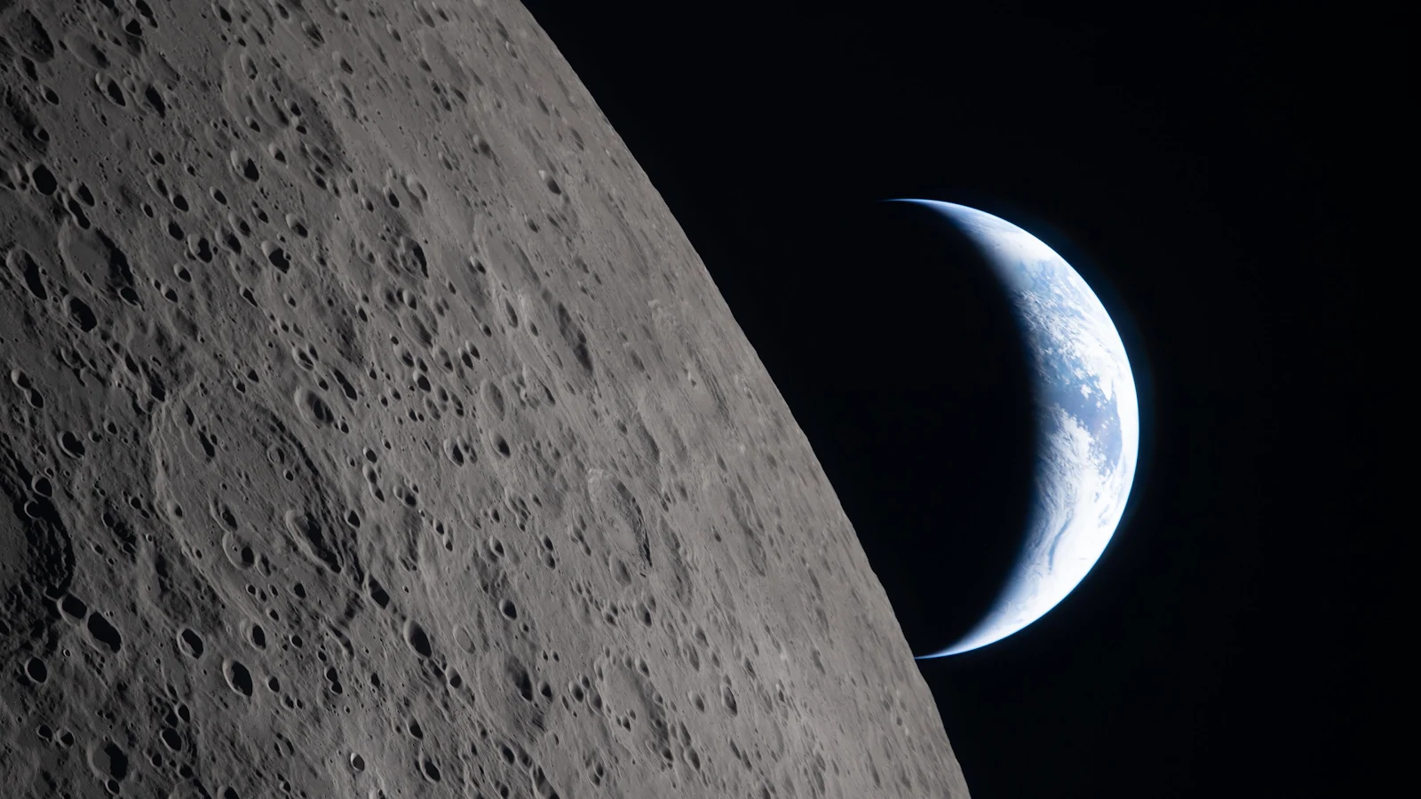 Crescent Earth Over Moon Surface - Space Photography 4K Wallpaper (3840x2160)