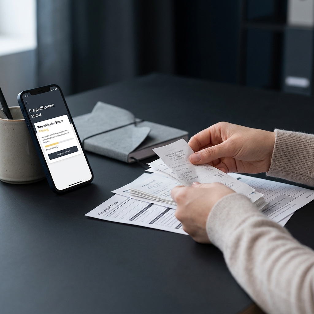 Close up of hands organizing financial documents and a phone showing a prequalification screen on a minimalist dark desk conveying american express odds