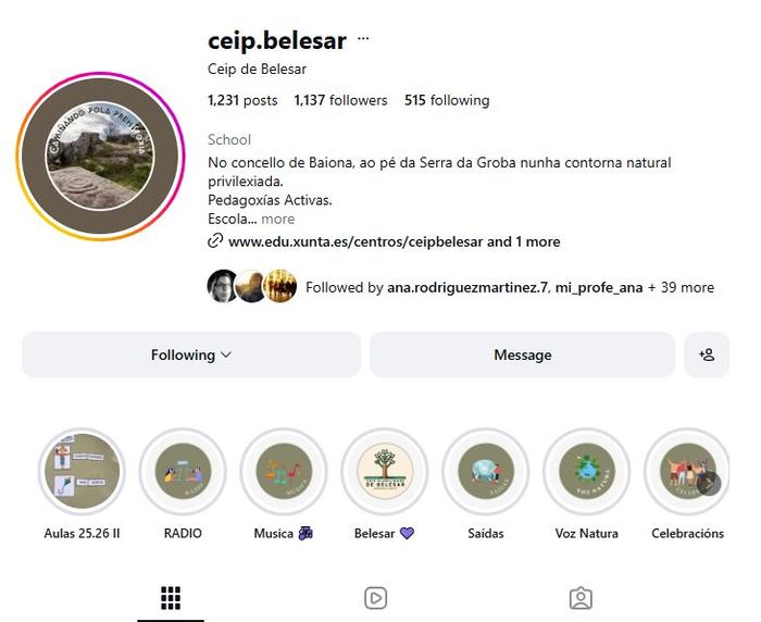 Páxina de Instagram do CEIP Belesar, a súa presenza en liña
