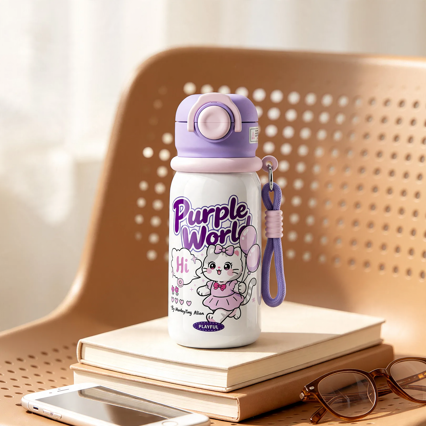 Children's thermos bottle with suction cup and straw
