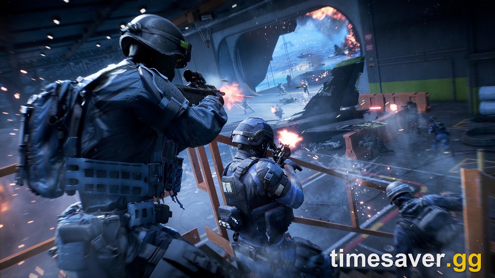 Battlefield 6 interior of an aircraft carrier hangar deck with soldiers fighting between parked aircraft
