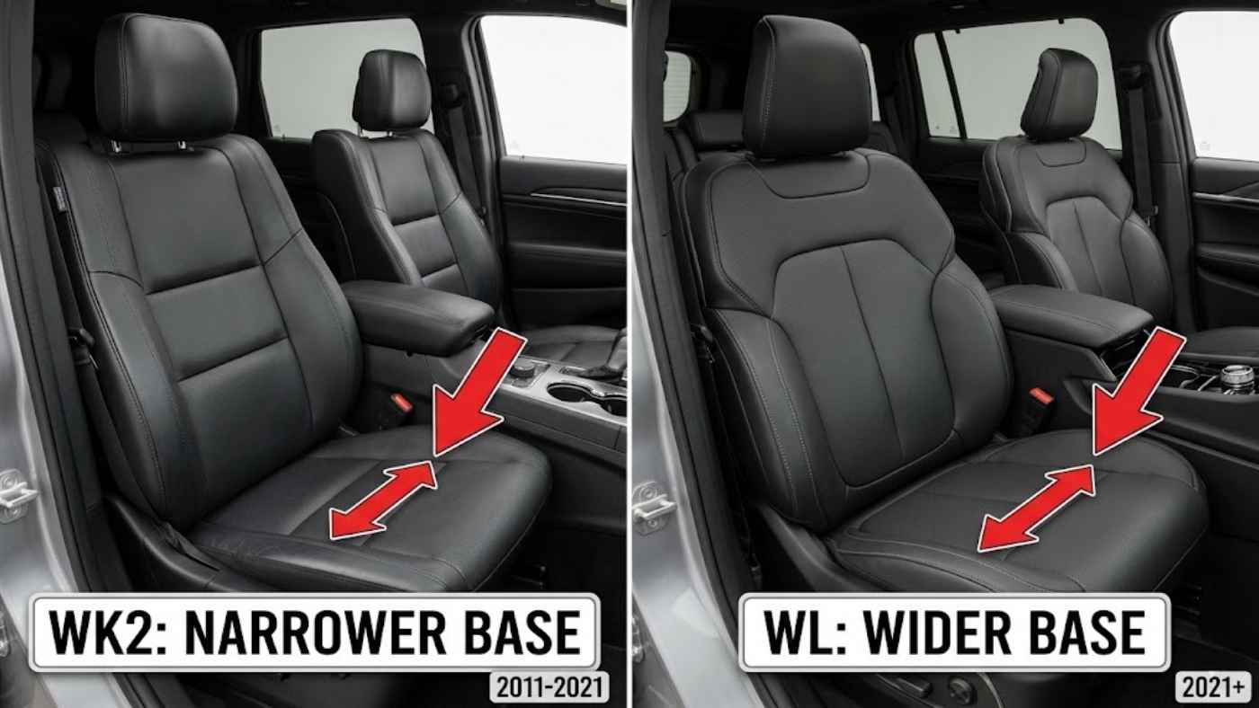 WK2 and WL Jeep Grand Cherokee front seats comparing narrower and wider seat base dimensions for proper seat cover fitment.