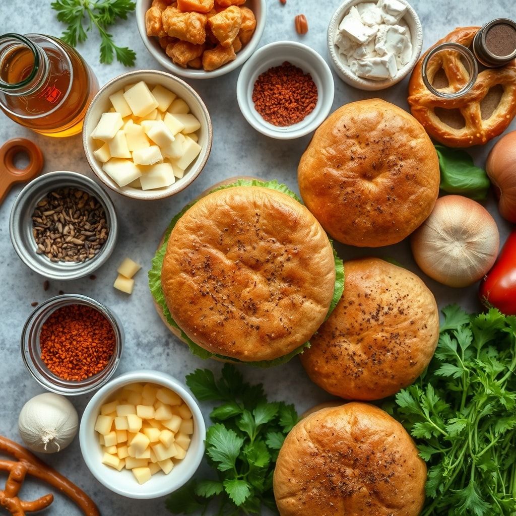 Ingredients for Oktoberfest Beer Cheese Pretzel Burgers for Dinner – Easy Homemade Pub-Style Burgers