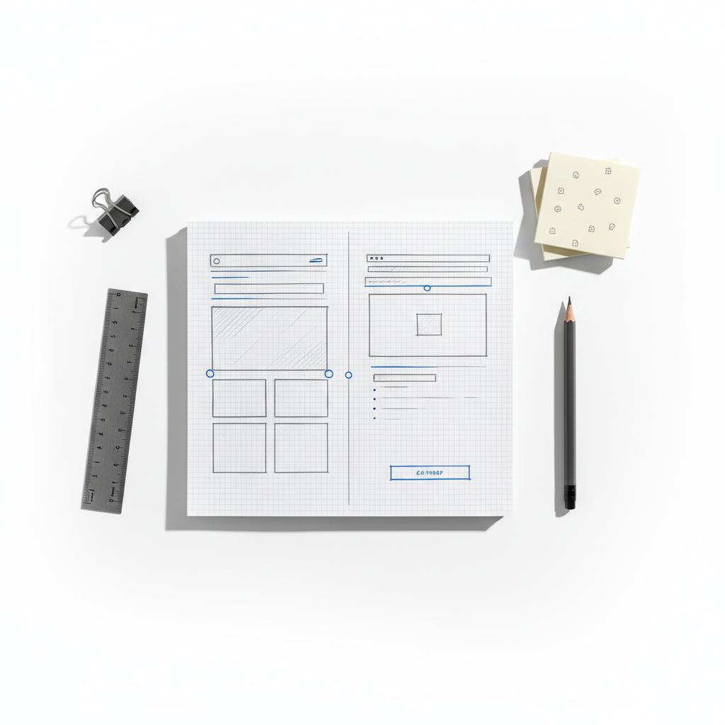 Top-down flat-lay of wireframe sketches, pen, ruler and sticky notes for site planning showing homepage and product page layouts &mdash; code vs website maker