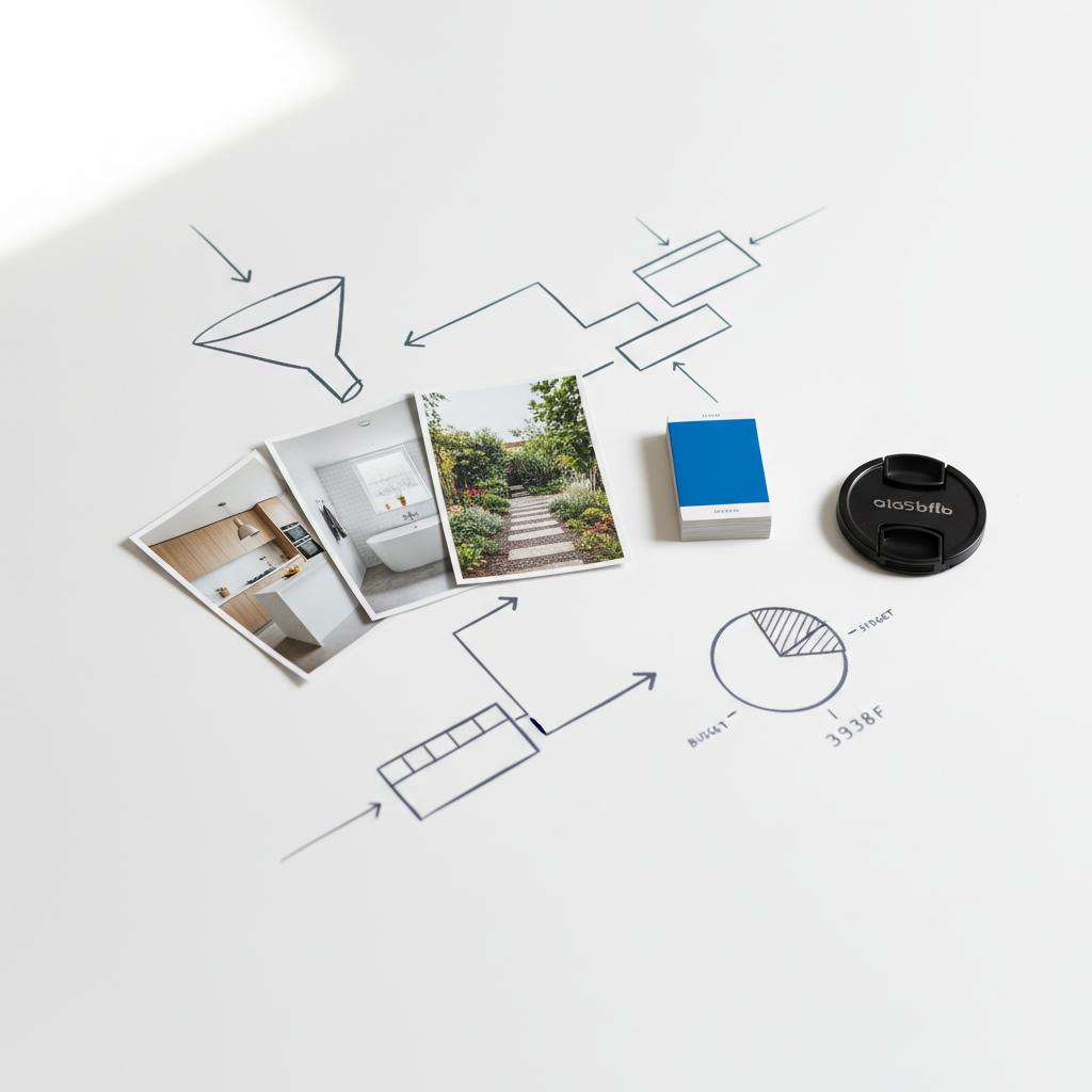 Close-up still life of three printed home project photos with color swatches showing accent #1a5bfb and minimalist sketches on a white tabletop, advertise on Houzz