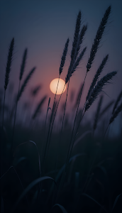 Wheat Stalks Silhouetted Against Setting Sun at Twilight