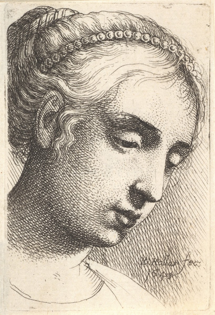 Woman with string of pearls in her hair looking downwards to right 1645