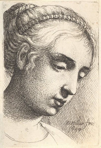 Woman with string of pearls in her hair looking downwards to right 1645