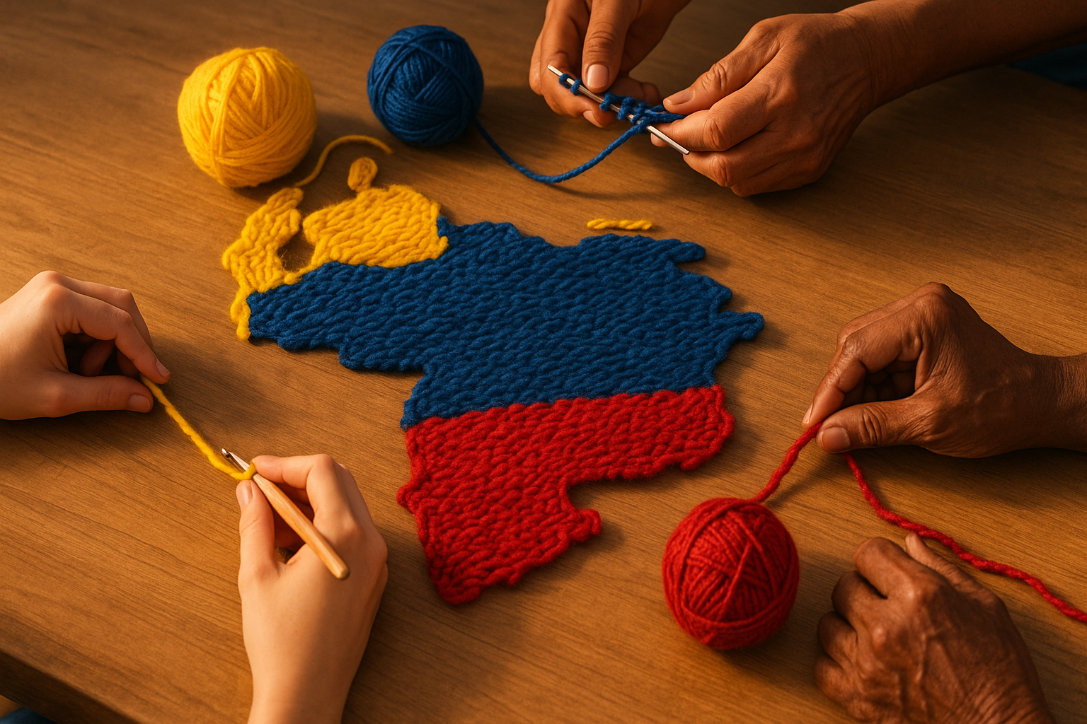 Manos de la diáspora uniendo hilos con los colores de Venezuela