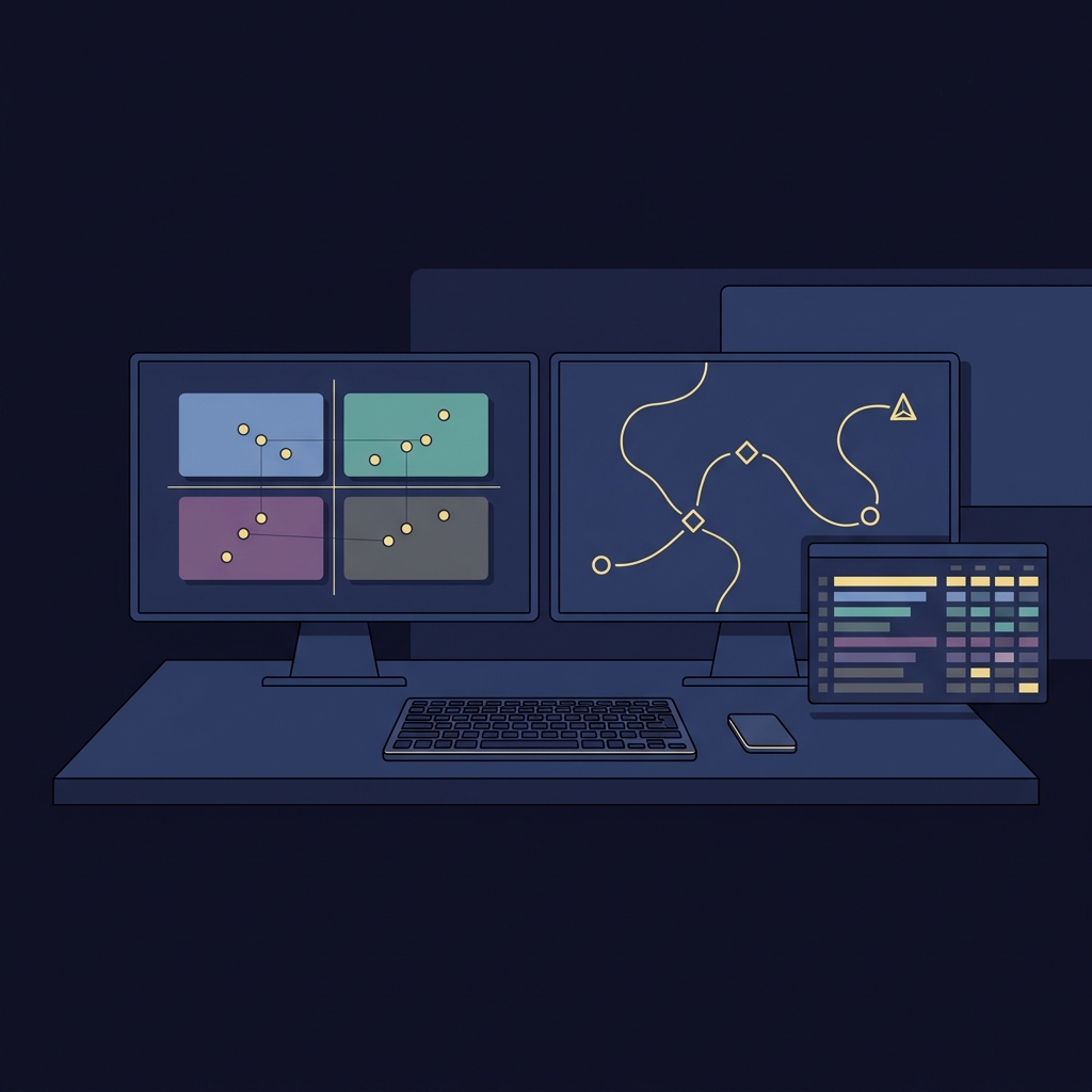 2D vector workspace with dual monitors showing NET quadrant visualization travel route map and adjusted efficiencies spreadsheet in Funded Plays colors How Conference Play Changes Team Performance