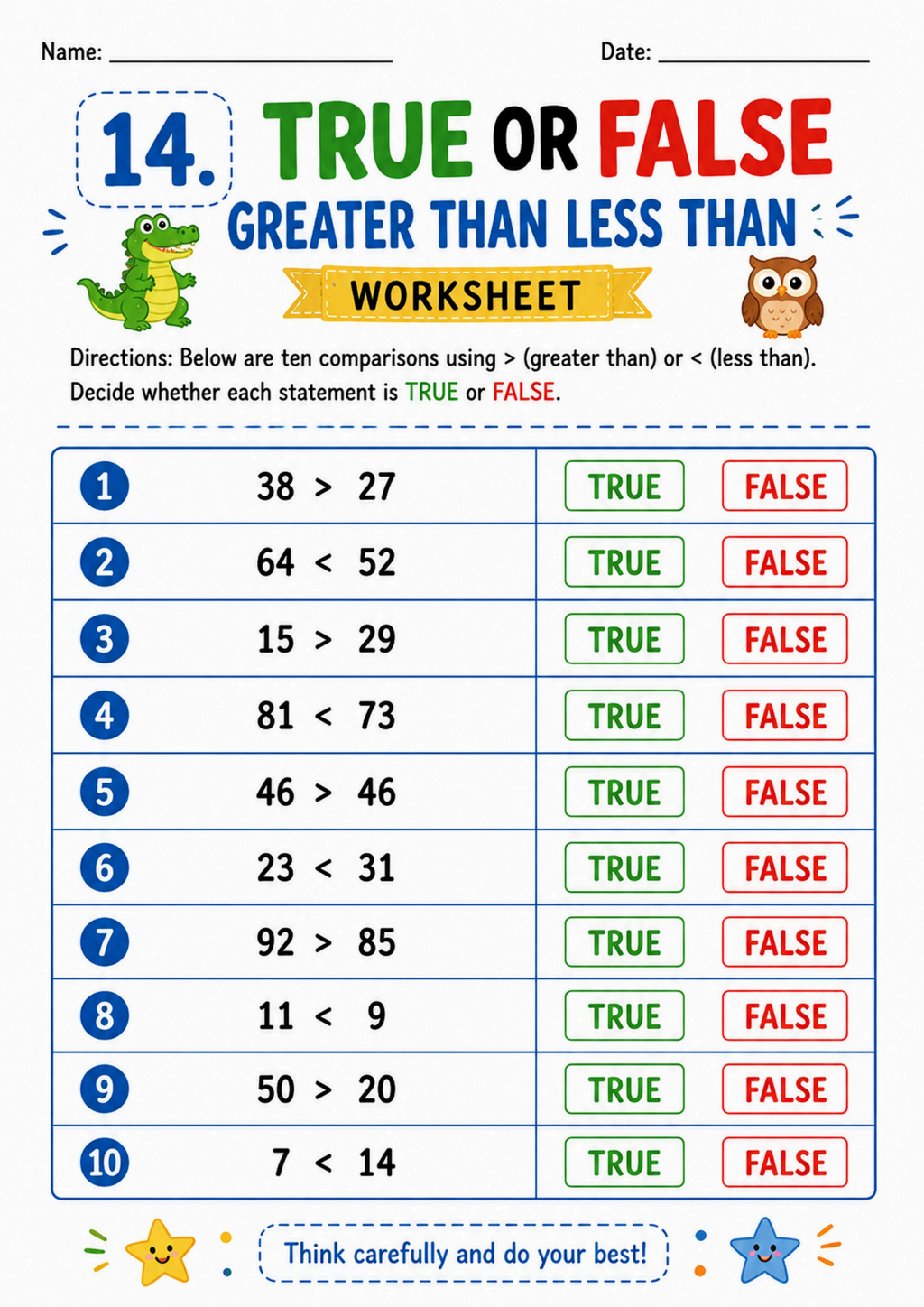 True or False Greater Than Less Than Worksheet