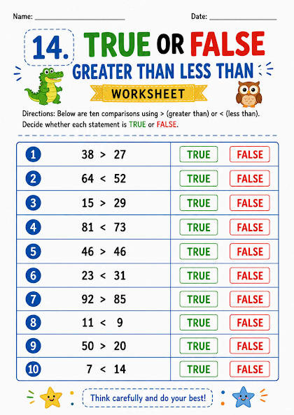 True or False Greater Than Less Than Worksheet
