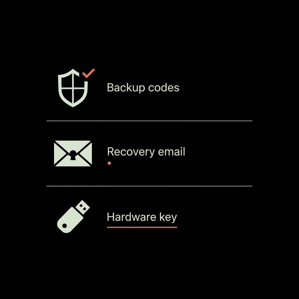 Minimal infographic checklist for gmail account recovery with vector icons for backup codes, recovery email, and hardware key on black background