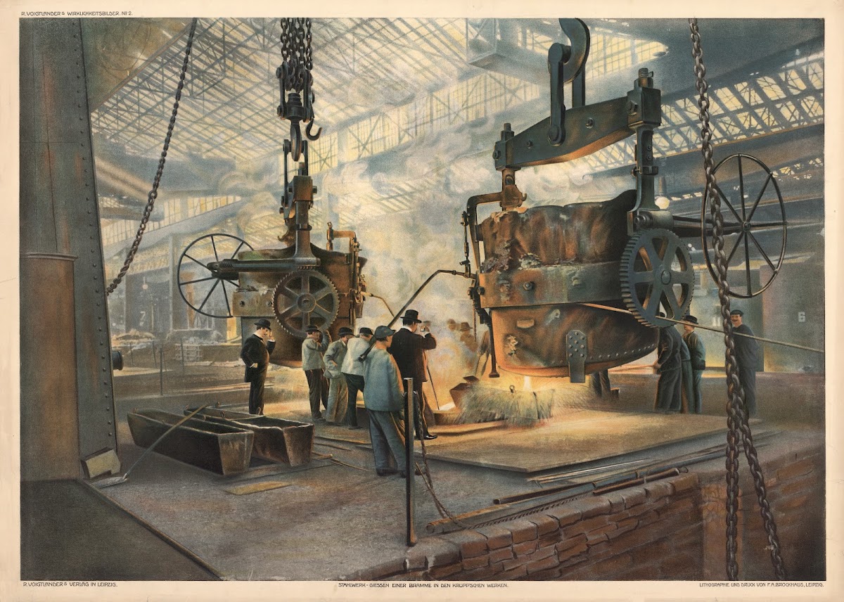 Steelworks casting a slab in the Krupp molds 1911