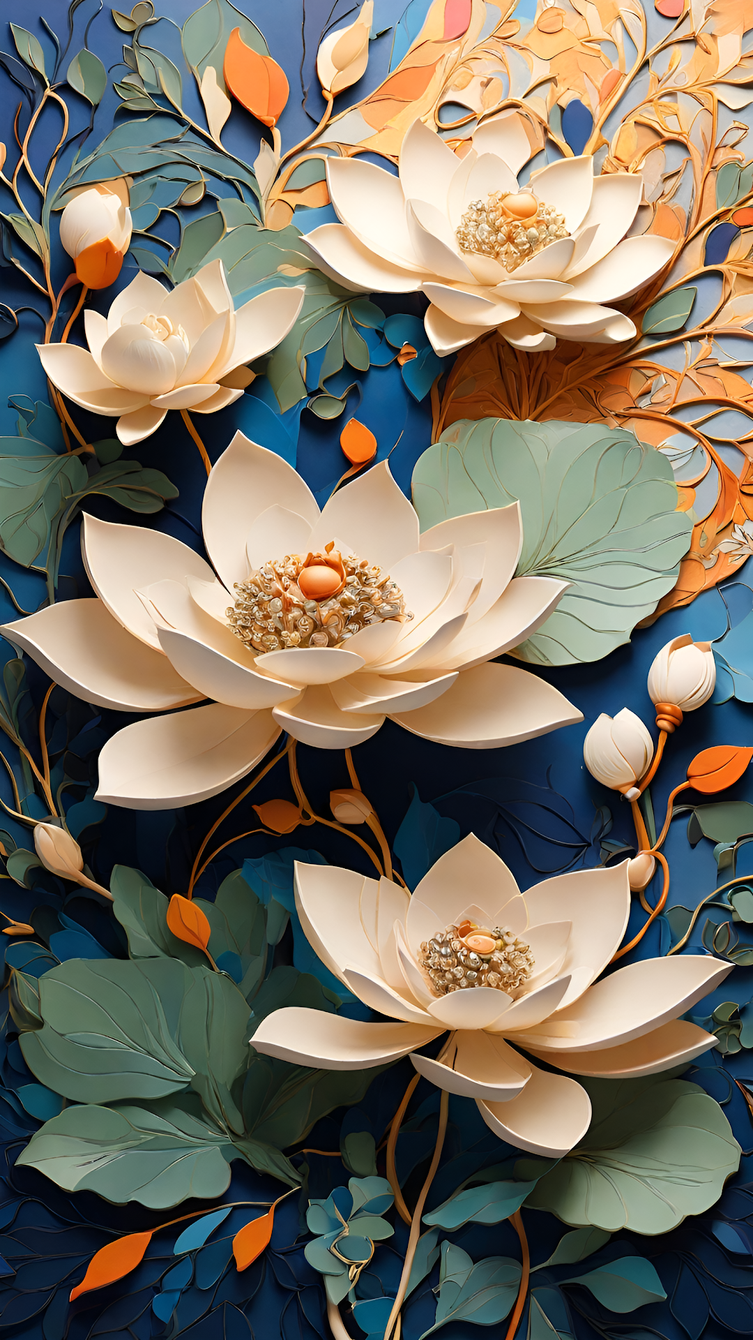 Layered Papercraft Lotus Flowers Blue Background Art - Free 4K mobile Wallpaper