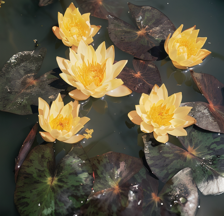 Nymphaea 'Rustica Graziella' in fiore in un laghetto, con petali arancio vivaci che galleggiano sull'acqua.