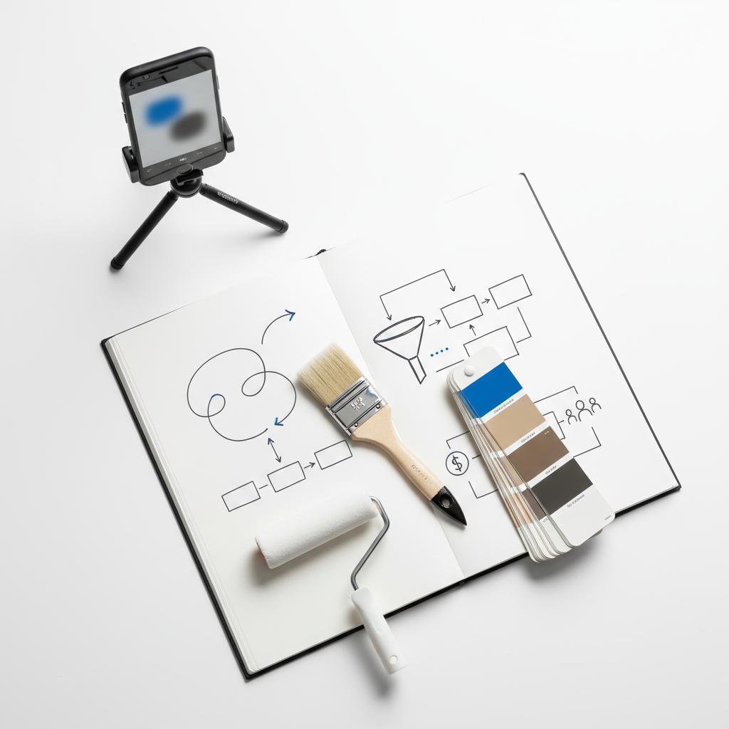 Overhead still-life of painting tools, swatches, smartphone and sketched notebook page illustrating TikTok marketing for painters