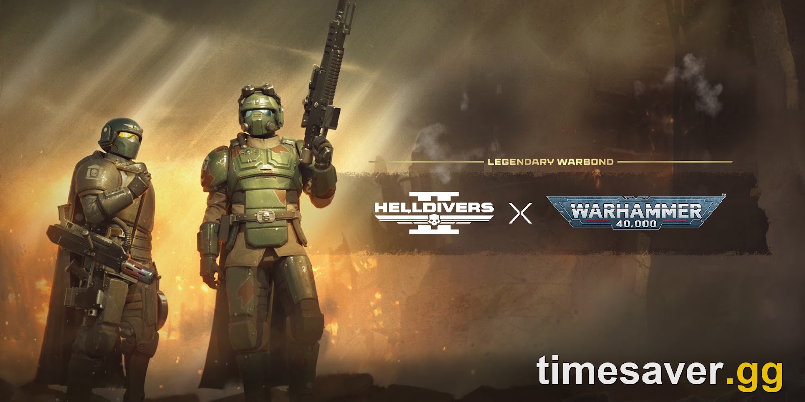 Helldivers 2 x Warhammer 40,000 Castellan's Creed Legendary Warbond key art showing Astra Militarum Cadian Kasrkin themed armor