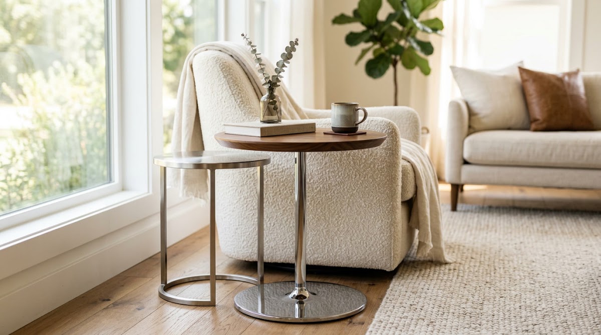 How to Make a Small Living Room Feel Bigger With Chrome Side Tables - chrome wood textile and neutral color palette mood board