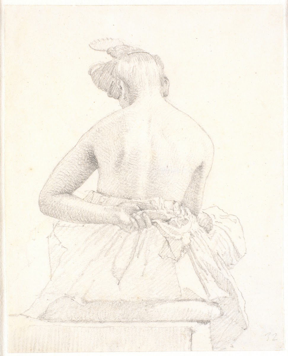 Siddende kvindelig model set bagfra 1833