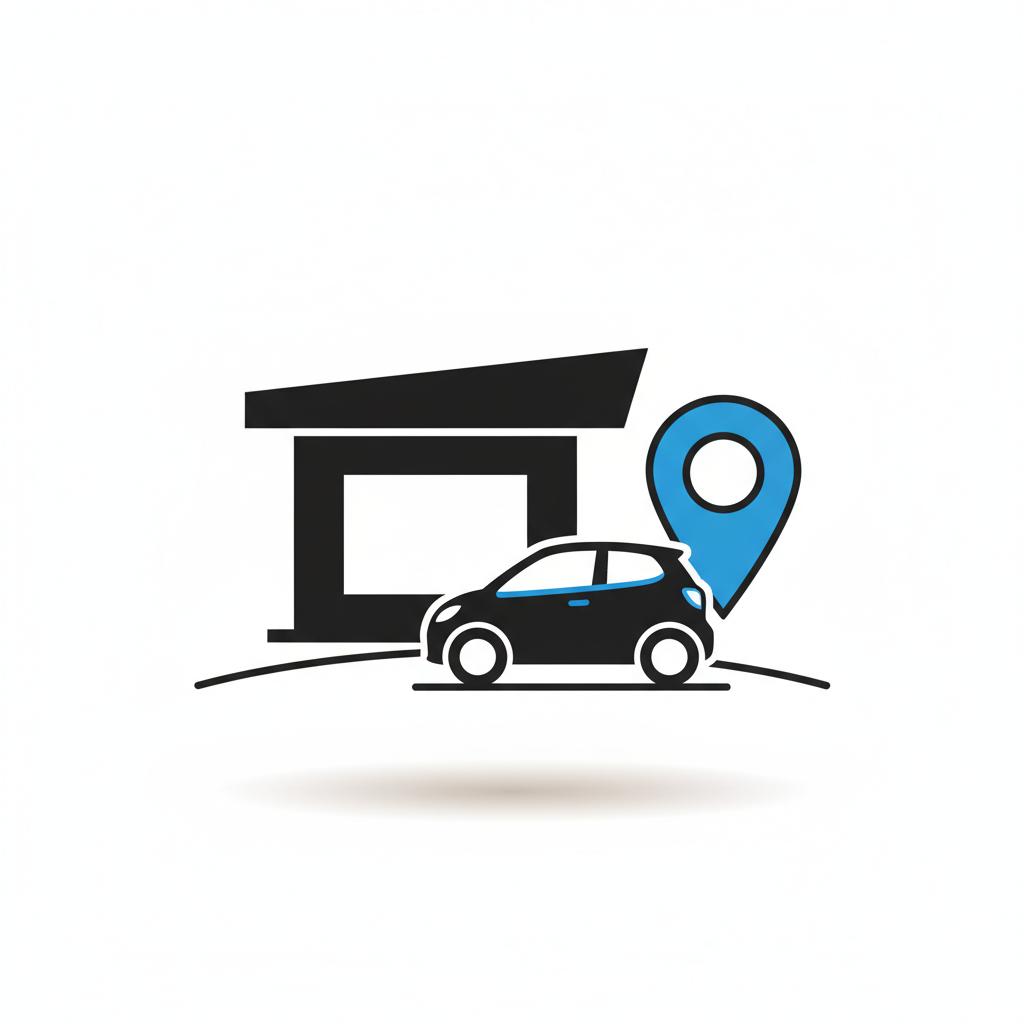 Minimal vector illustration of a car dealership building with a location pin and car on white background using blue 3666ed to illustrate kia motors near me