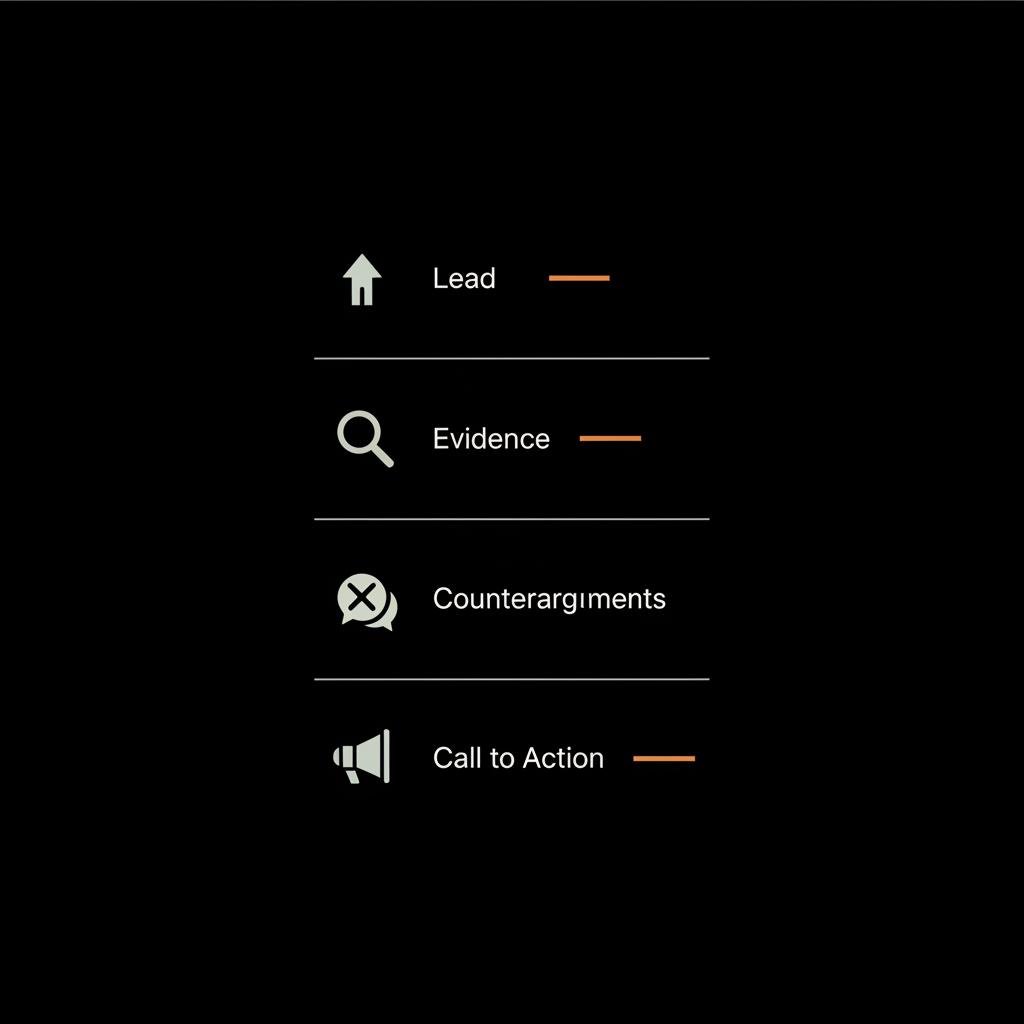Minimal editorial checklist infographic on black background showing four steps: Lead, Evidence, Counterarguments, Call to Action, with light gray icons and orange accents.