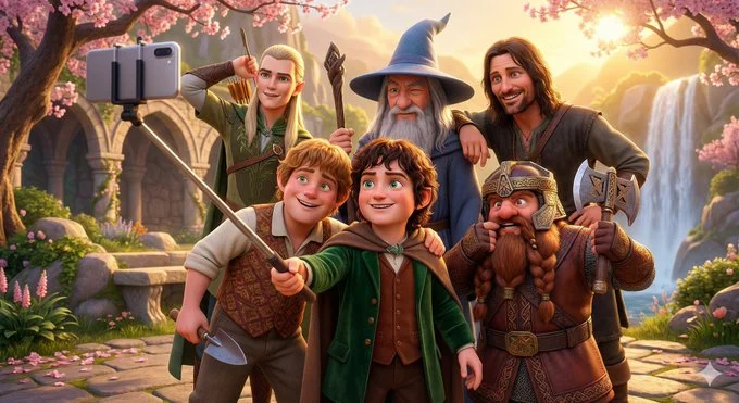 Vibrante escena animada en 3D al estilo Pixar de un alegre momento de selfie grupal.