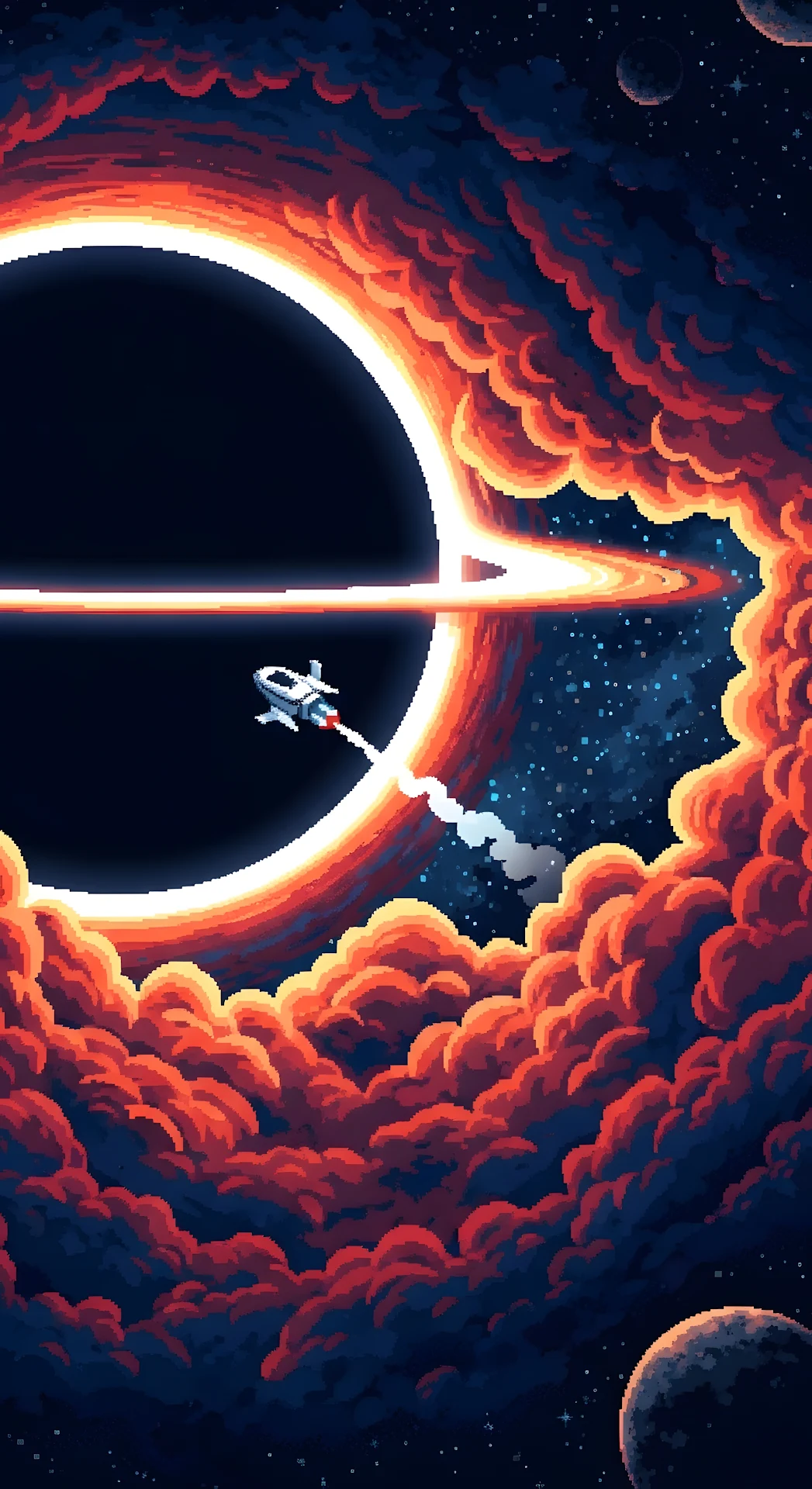 Pixel Spaceship Approaching Red Black Hole Singularity - Free 4K mobile Wallpaper