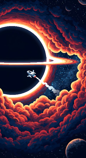 Pixel Spaceship Approaching Red Black Hole Singularity - Free mobile Wallpaper
