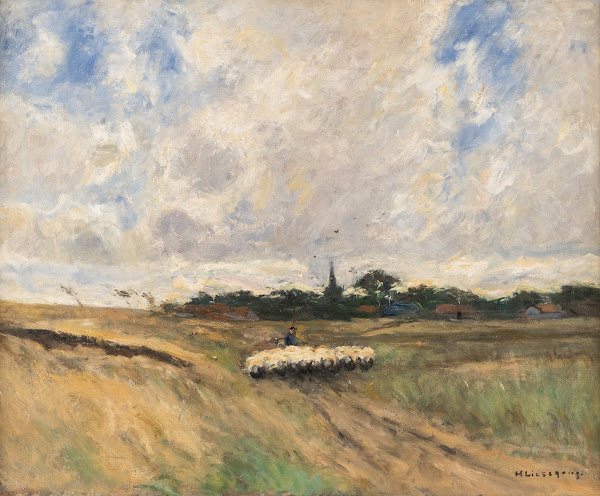 Shepherd with flock in stormy landscape
