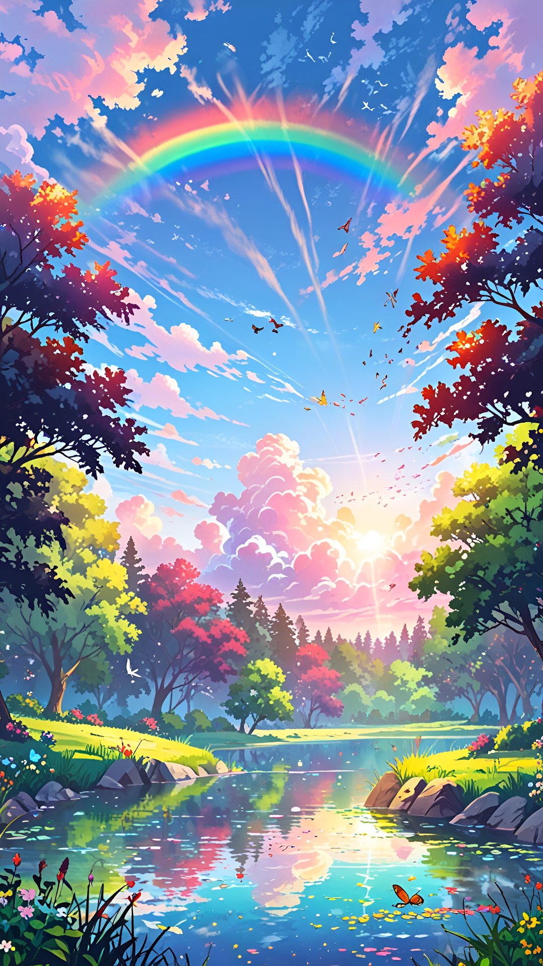 Vibrant Rainbow Over River in Colorful Autumn Forest - Free 4K mobile Wallpaper