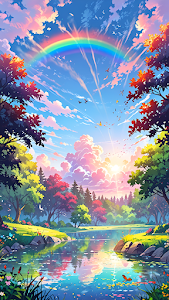 Vibrant Rainbow Over River in Colorful Autumn Forest