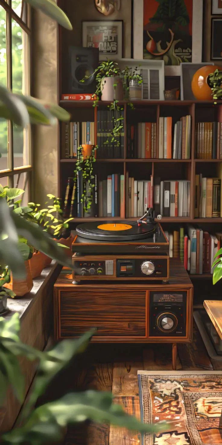 Cozy Vintage Record Player Nook - Digital Art iPhone Wallpaper (736x1472)