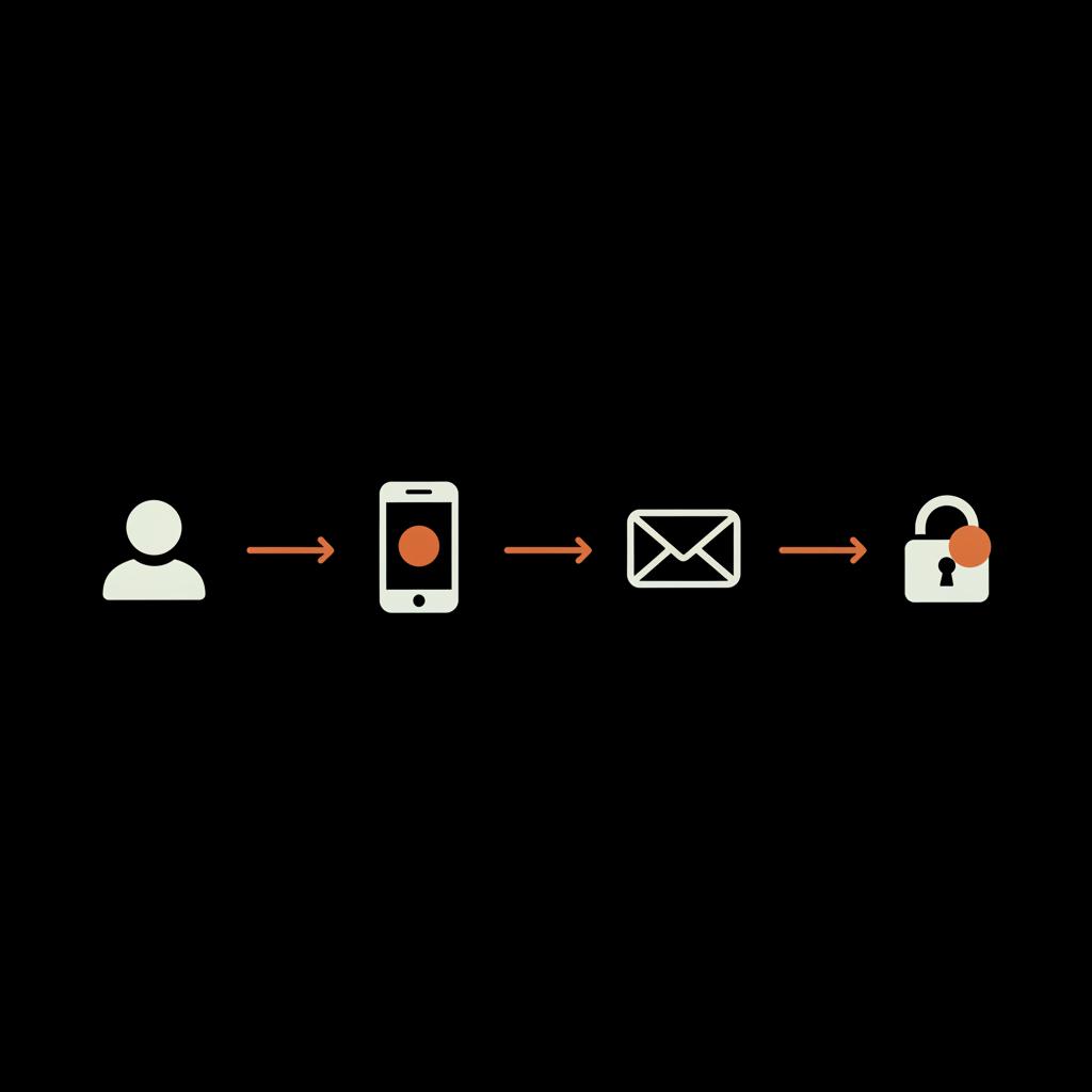Minimal vector infographic illustrating the yahoo account recovery sign-in helper flow: user icon → phone → email → lock on a full-bleed black background using Social Success Hub brand colors.