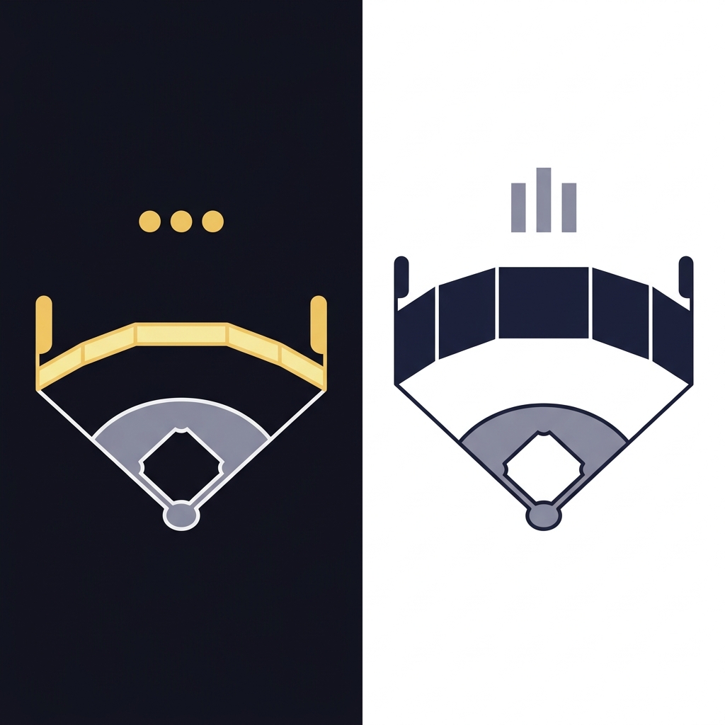 Minimalist 2D vector side by side ballpark comparison showing a homer friendly left park and a pitcher friendly right park with visual park factor badges on a dark Funded Plays palette wager talk mlb
