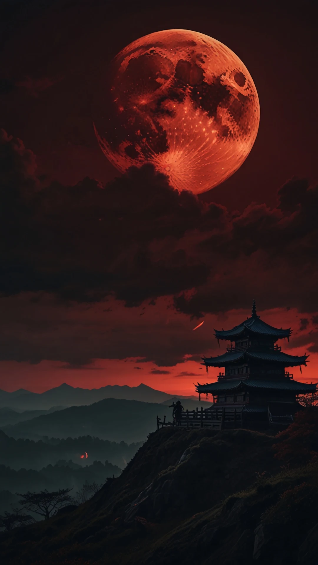 Japanese Pagoda Under Blood Moon at Dusk - Free 4K mobile Wallpaper