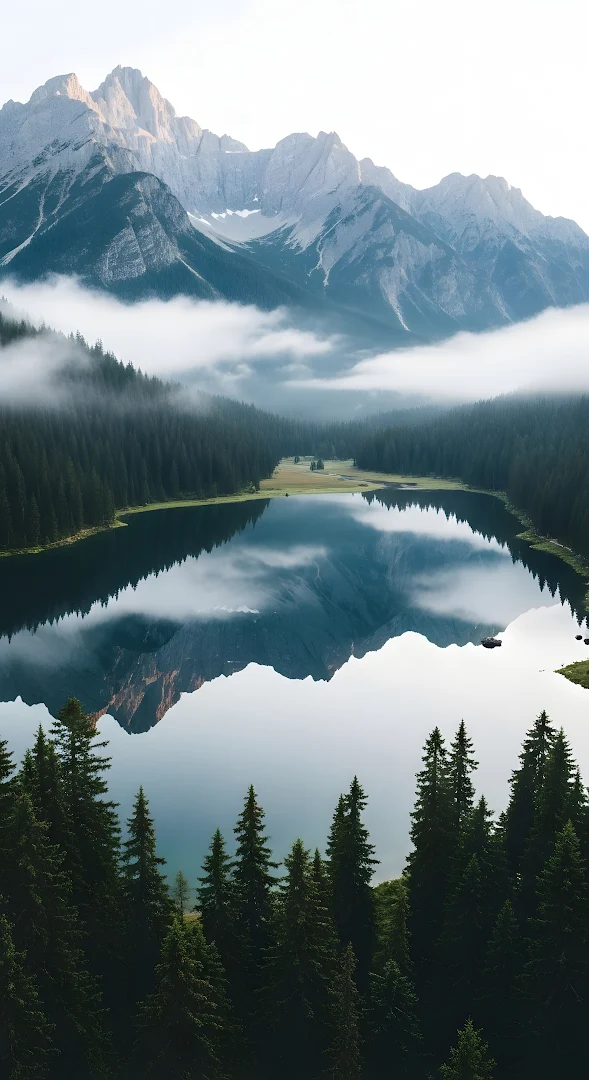Alpine Lake Reflection Rugged Mountain Peaks Fog