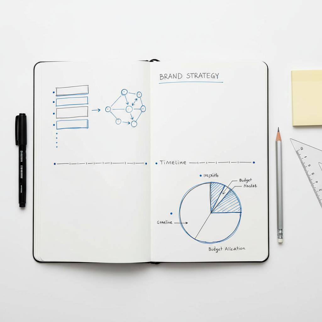 Top-down open sketchbook with hand-drawn brand strategy diagrams&mdash;messaging pillars, channel map, simple timeline&mdash;in dark gray #39383f with blue #1a5bfb accents; visual for personal branding consultant cost.