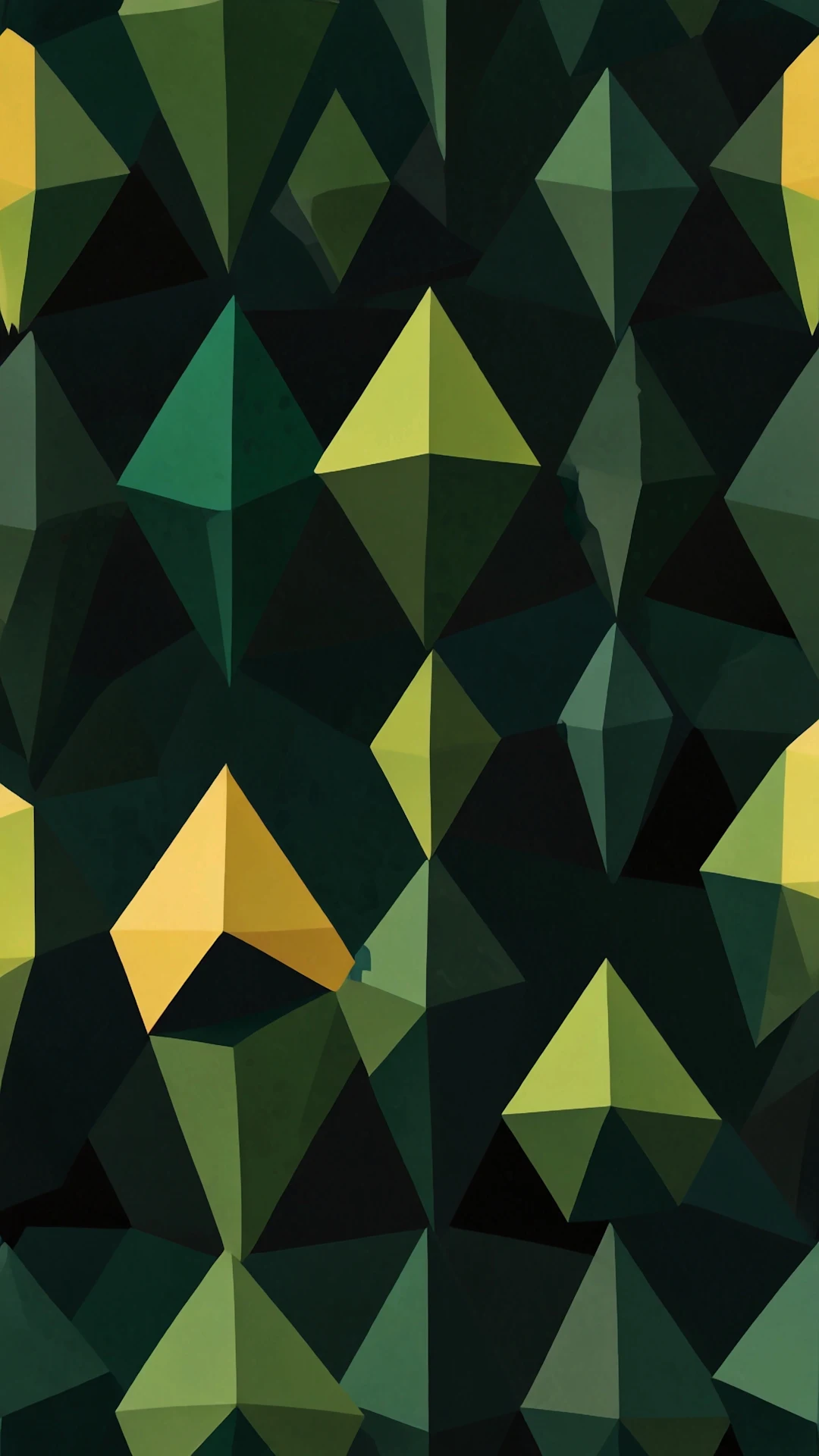 Dark Geometric Pattern of Faceted Green and Yellow Pyramids - Free 4K mobile Wallpaper