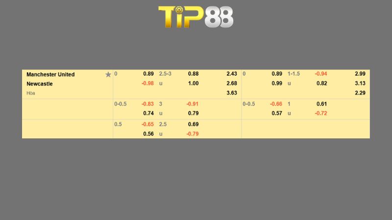 Bảng kèo Manchester United vs Newcastle United