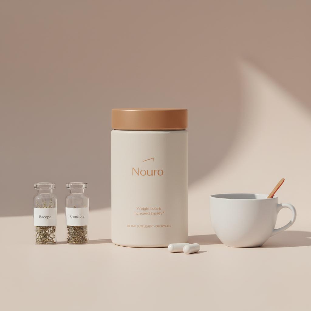 Minimalist product photo of Nouro supplement bottle on a neutral lab counter with labeled Bacopa and Rhodiola herb vials and a white tea cup, best natural nootropic