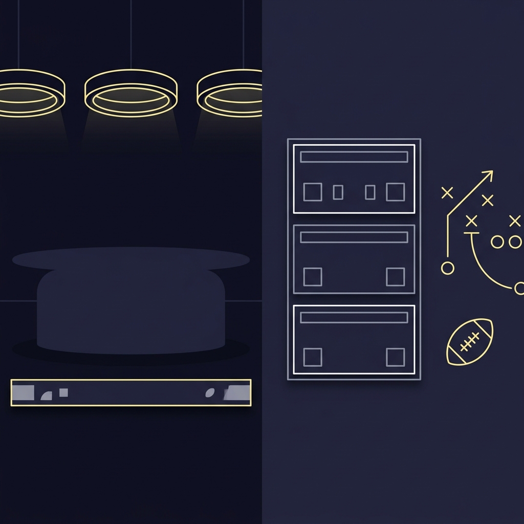 Minimalist split vector illustration evoking a morning studio and pregame graphics in Funded Plays colors showing studio desk shapes scoreboard bars and a football icon nfl morning line