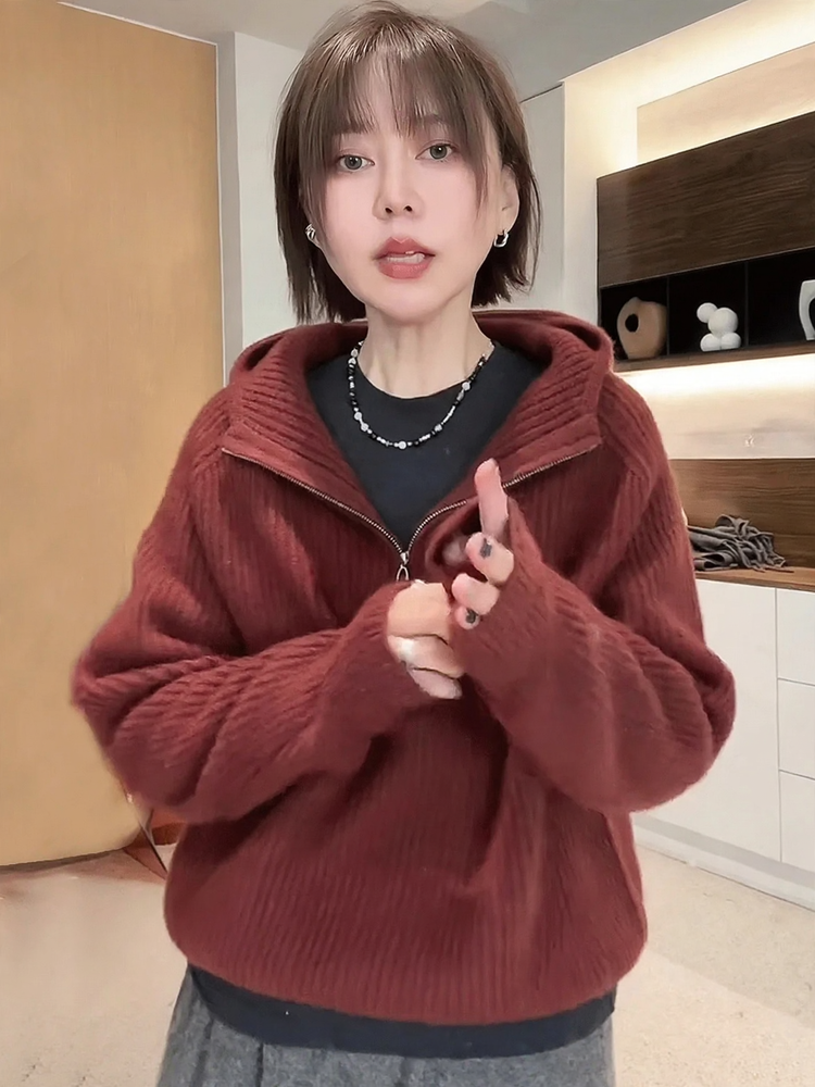 Damen-Kapuzenpullover mit Reißverschluss, Strick