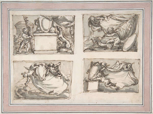 Four Sketches of Putti Hanging Coat of Arms 170286