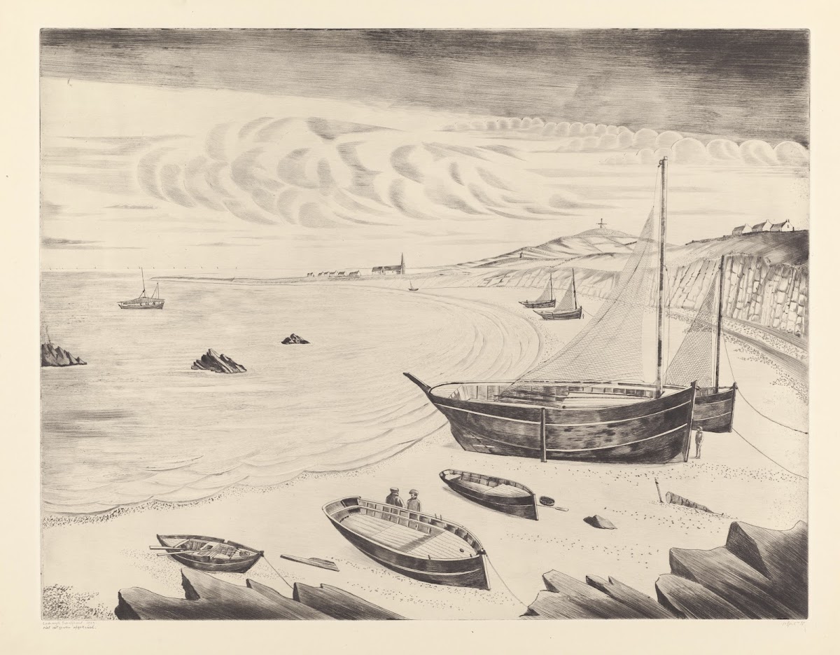 Acht afgemeerde schepen op een strand 1929