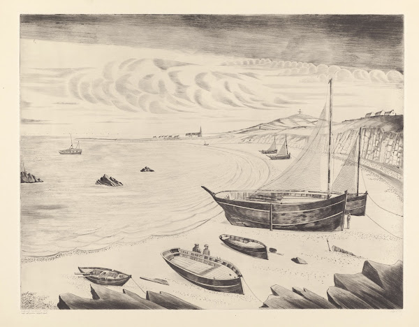 Acht afgemeerde schepen op een strand 1929