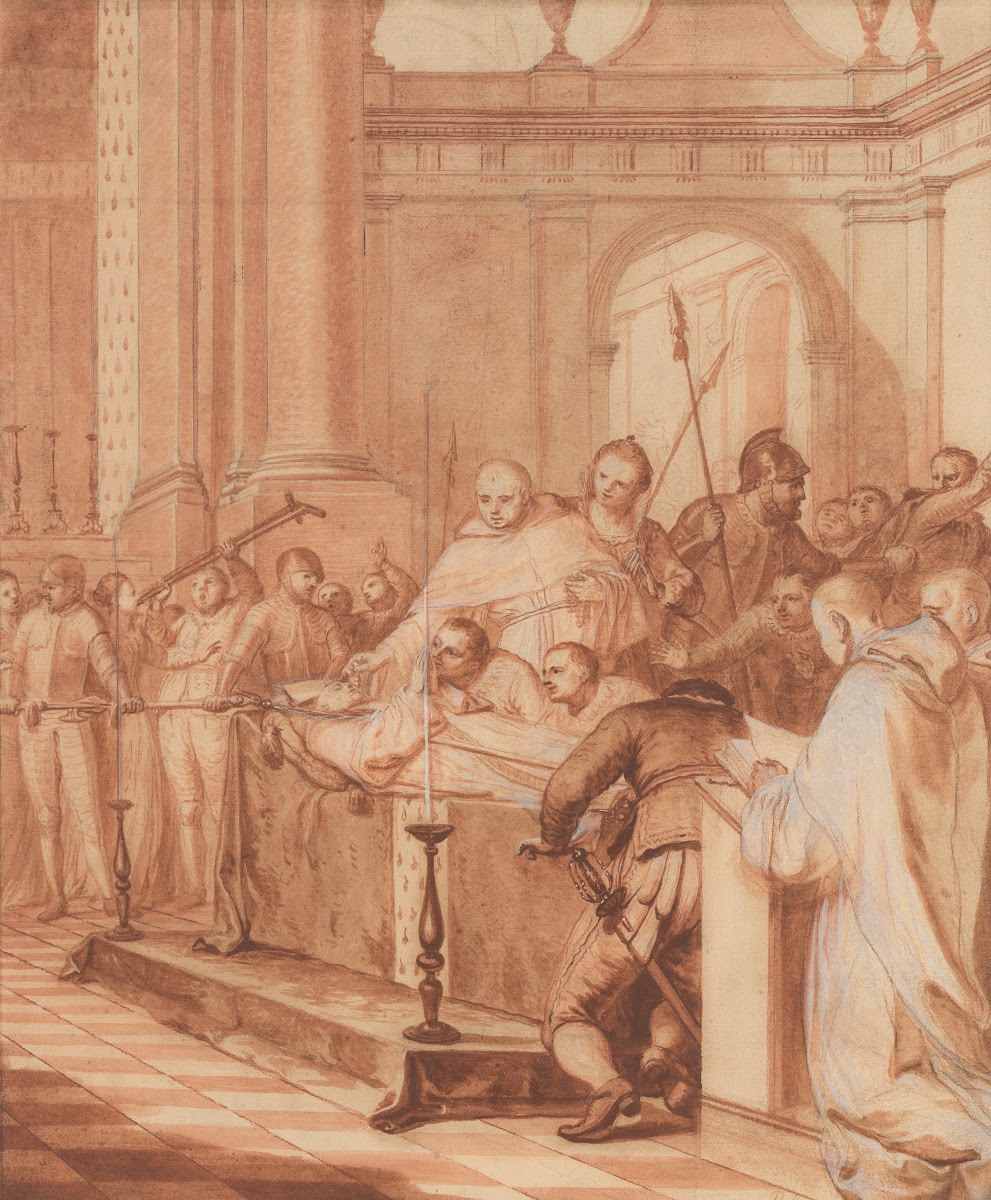 To satisfy the devotion of the people they are forced to leave the Blessed Abbot