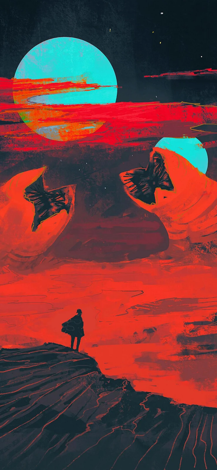 Dune Sandworms Under Alien Sky - Sci-Fi Illustration Full HD iPhone Wallpaper (1090x2360)