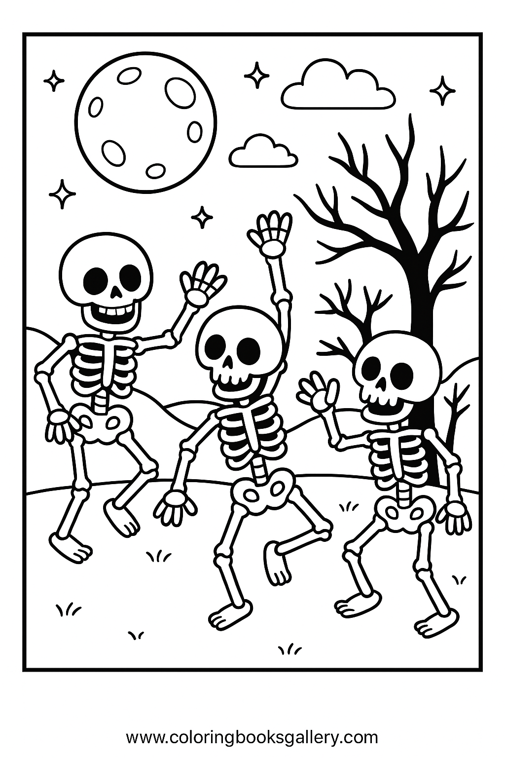 Skeletons dancing under the moonlight free printable coloring sheet for kids and adults